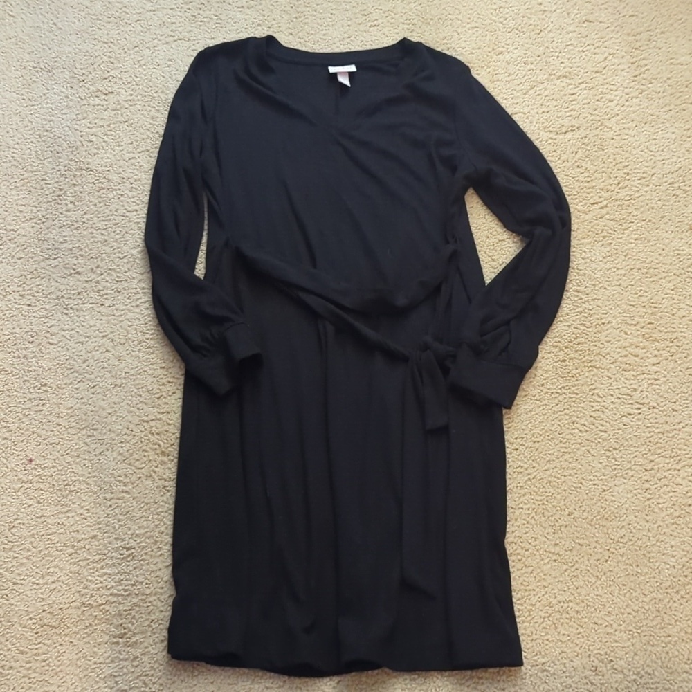 Isabel Maternity Black Long Sleeve Stretchy V Neck Belted Dress LBD Size Small